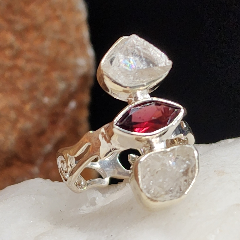 Sterling Silver 925 Ring Boho Jewelry Garnet Gem Genuine Raw Himalayan Quartz